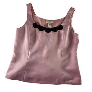 Vintage Pink Satin Tank Top Black Lace Trim Camisole Size 4 Y2K Coquette